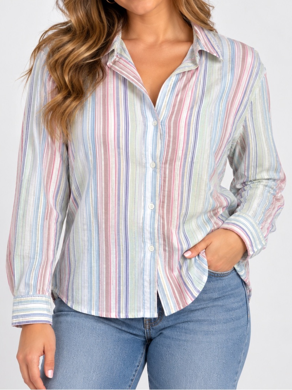 Lemon Grass Pastel Multi-Stripe Button-Down Shirt